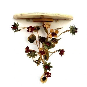 VTG MCM Home Interiors Victorian Wall Shelf Stand W/ Metal Flowers & Wood Top